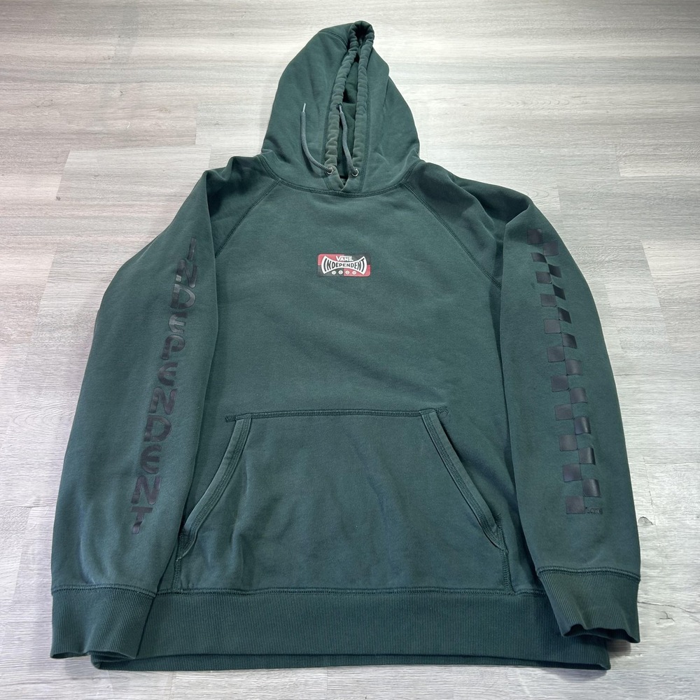 Vans Independent Hoodie Mens XL Green Fleece Pullover Sweatshirt Checker Sleeves